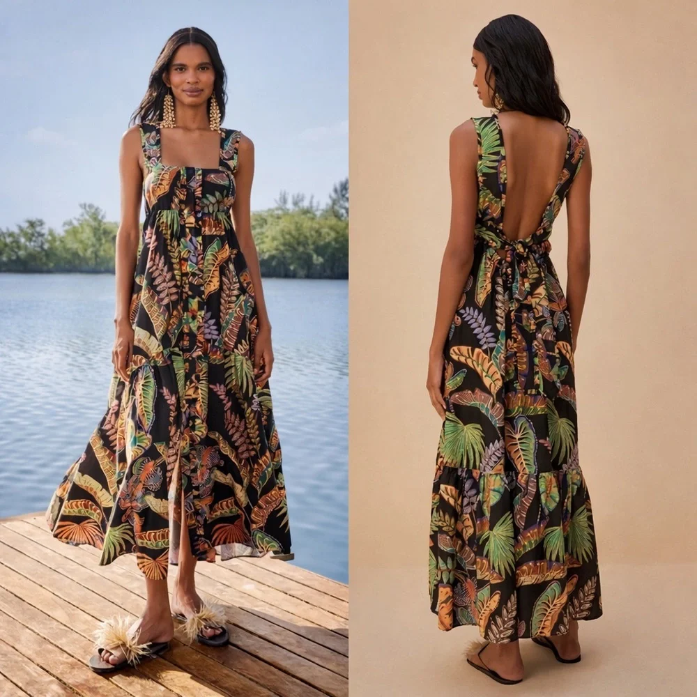 Farm Rio Cool Foliage Black Sleeveless Maxi Dress/Size XXS - Picture 1 of 9